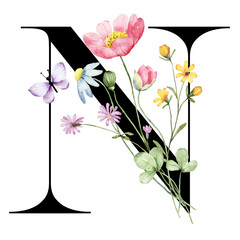 Floral alphabet, letter N with watercolor flowers and leaf. Monogram initials perfectly for wedding invitations, greeting card, logo, poster and other design. Hand painting.