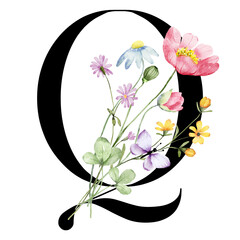 Floral alphabet, letter Q with watercolor flowers and leaf. Monogram initials perfectly for wedding invitations, greeting card, logo, poster and other design. Hand painting.