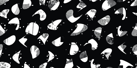 Obraz premium Glitch distorted grungy abstract forms . Blob shape organic seamless pattern texture. Fluid shapes .Grunge textured . Liquid vector shapes with halftone dots .Screen print endless pattern texture
