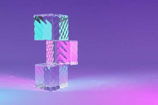 glas stack of three cubes on infinite background; pedestal for beauty, cosmetic product presentation. copy space template, 3D Illustration