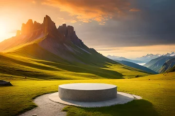 Tuinposter Stone granite podium rock table top on green grass with outdoor mountain scene nature landscape at sunrise background.AI generated © Ammad
