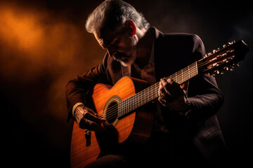 Eldery man in classical suit playing acoustic guitar. Spanish traditional live music performance