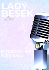 Illustration of microphone and lady besek live, saturday 8pm park hall, tickets online text