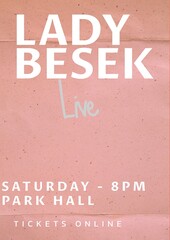 Illustration of lady besek live, saturday 8pm park hall, tickets online text on pink background