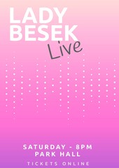 Illustration of lady besek live, saturday 8pm park hall, tickets online and dots on pink background