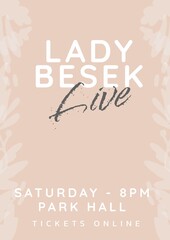 Illustration of lady besek live, saturday 8pm park hall, tickets online text on beige background