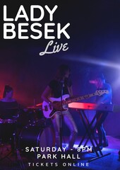 Caucasian rock band on stage and lady besek live, saturday 8pm park hall, tickets online text