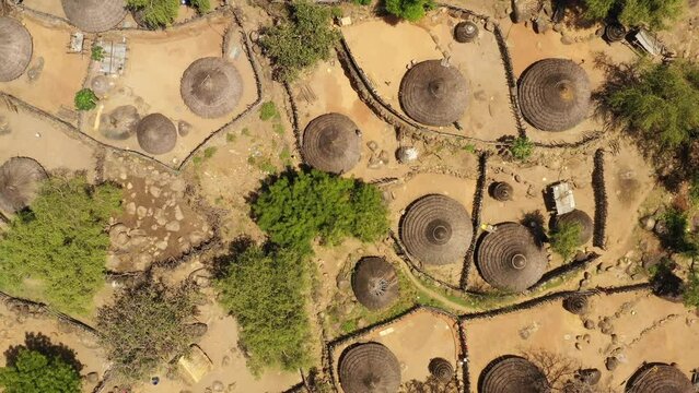 Aerial view of a traditional Lotuko tribe village Illeu South Sudan