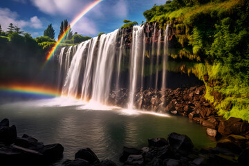 A waterfall and a rainbow. Landscape background
