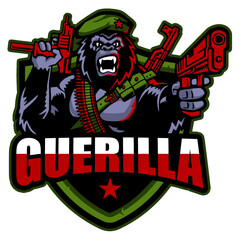savage revolutionary gorilla rebel with guns, vector, logo, cartoon, mascot, character, illustration
