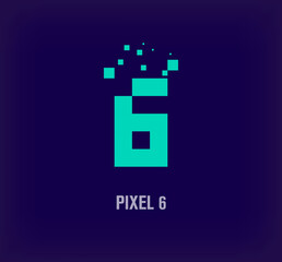 Creative pixel number 6 logo. Unique digital pixel art and pixel explosion template. vector