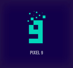 Creative pixel number 9 logo. Unique digital pixel art and pixel explosion template. vector