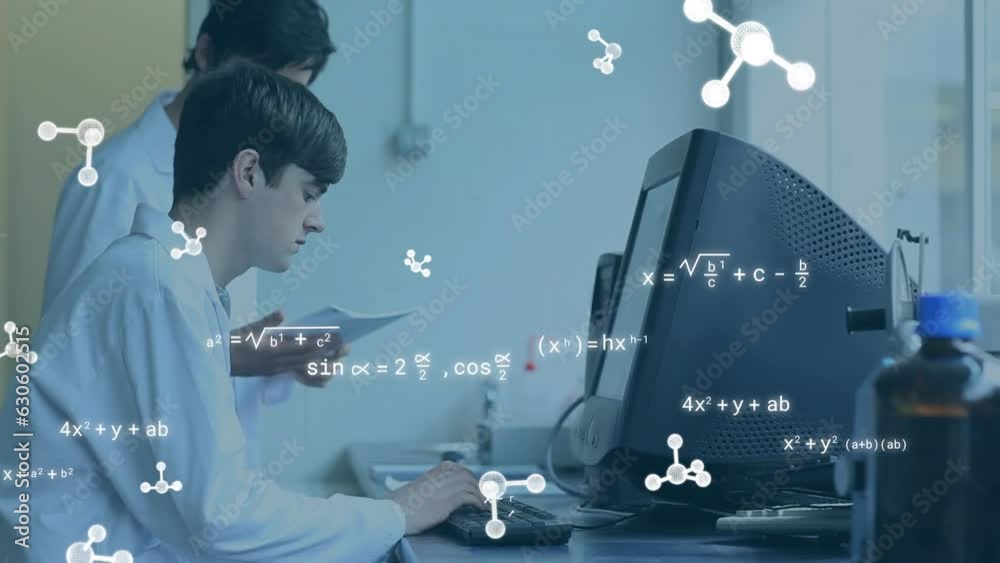 Poster animation of molecules and mathematical equations over caucasian scientists using computer in lab