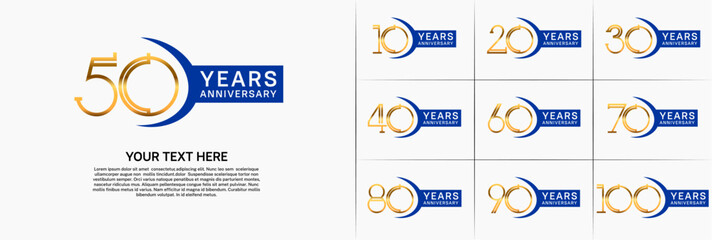 set of anniversary logotype gold color and blue ribbon for special celebration event