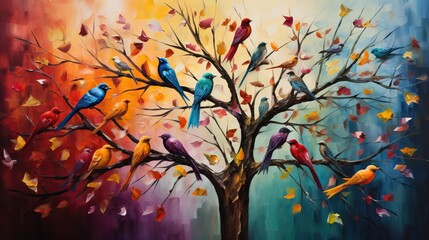 colorful birds on a tree ai generated