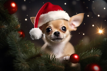 chihuahua puppy dog in christmas santa hat under a Christmas tree