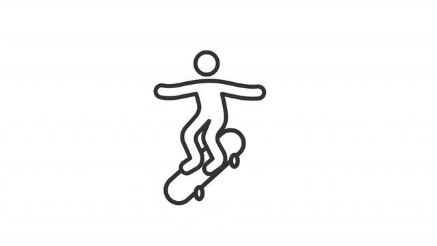 Skateboarding line animation. Skateboarder skating animated icon. Action sport. Teenager boy. Hipster culture. Black illustration on white background. HD video with alpha channel. Motion graphic