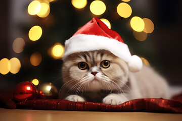 cute happy Scottish Fold cat wearing a Santa hat under a Christmas tree