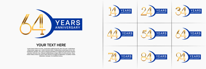 set of anniversary logotype gold color and blue ribbon for special celebration event