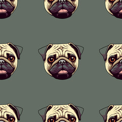 Seamless pattern with head pug dog. Creative background with pet. 