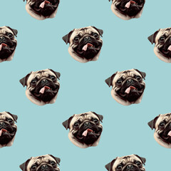 Seamless pattern with head pug dog. Creative background with pet. 