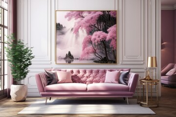 A cozy den filled with bright and bold decor, featuring a vibrant pink loveseat accented by a vase of colorful flowers, a unique picture frame, and a captivating painting on the wall
