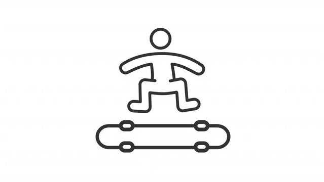 Kickflip line animation. Skateboarder jumps and turns over skateboard animated icon. Extreme competition. Black illustration on white background. HD video with alpha channel. Motion graphic