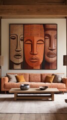 A timeless vase and a cozy couch are framed by the artful architecture of a museum-like room, displaying a captivating painting of faces on the wall that conveys emotion and wonder