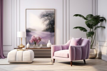 This picture of a living room evokes a sense of coziness and comfort with its inviting purple chair, artfully arranged houseplant, vibrant pillows, and elegant picture frame, all harmoniously blendin
