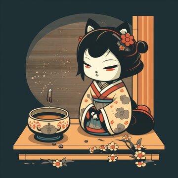 Japanese tea ceremony chibi cat geisha ai generate