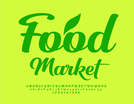 Vector business logo Food Market with decorative Leaf. Minimalistic style Font. Creative set of calligraphic Alphabet Letters and Numbers
