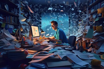 IT office worker overwhelmed by an amount of sheets paper work, hard working concept Generative AI - obrazy, fototapety, plakaty