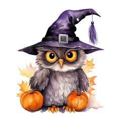 Naklejka premium Watercolor Cute Owl, Halloween Theme, ai genterated