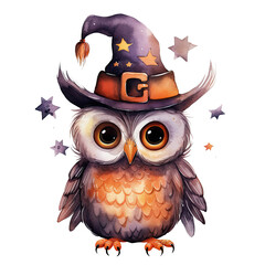 Naklejka premium Watercolor Cute Owl, Halloween Theme, ai genterated