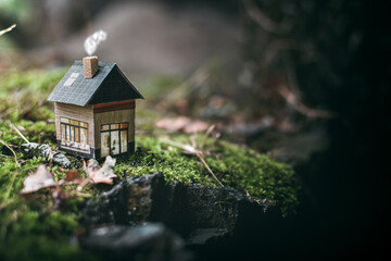 Naklejka premium miniature house in the woods ideal for walpaper or real estate advertisment, makro photo, with forest and plants