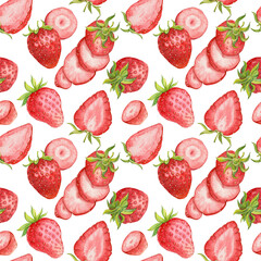 Strawberry background on a white background. Watercolor seamless texture of ripe red berries for summer cover, botanical wallpaper pattern, product packaging, textile.