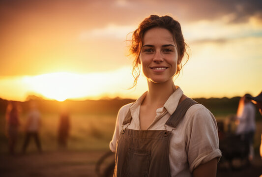 Portrait of a beautiful young farmer woman in her farm at sunset. Generative AI.