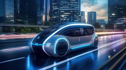 Autonomous Self Driving, Electric Car Driving on the Road Cityscape Background. Generative AI