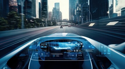 Autonomous Self Driving, Electric Car Driving on the Road Cityscape Background. Generative AI