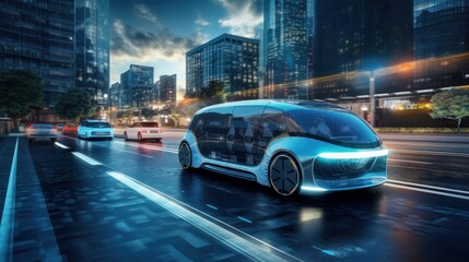 Autonomous Self Driving, Electric Car Driving on the Road Cityscape Background. Generative AI