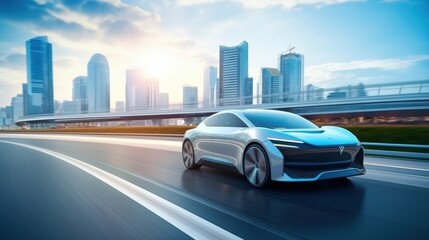 Autonomous Self Driving, Electric Car Driving on the Road Cityscape Background. Generative AI