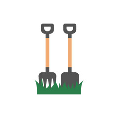 A pitchfork and a shovel. Garden farming tools and inventory. Color vector. 