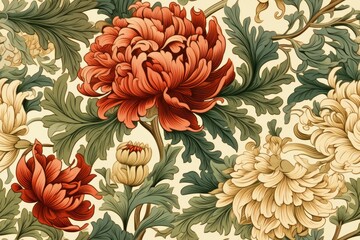 Elegant seamless pattern of muted red peonies, inspired by the British Arts and Crafts movement and Victorian era. Ideal for textiles, prints and decor in a vintage or cottagecore aesthetic