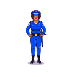 Abstract cartoon character of a policewoman detective in a blue uniform with a police baton in cartoon style