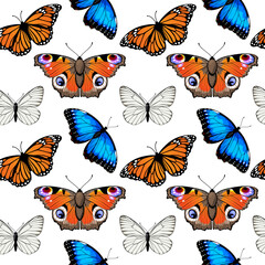 Seamless pattern with monarch butterflies and blue morpho butterflies