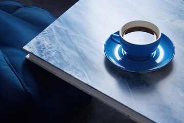 A saucer of ceramic blue tableware sits on a vibrant blue table, cradling a warm cup of freshly brewed coffee that invites the viewer into a cozy indoor oasis