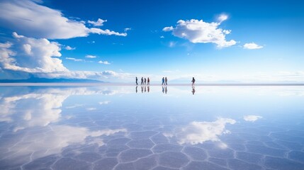 Photo of people standing in the middle of Salar de Uyuni in Bolivia, the worlds largest salt flat....