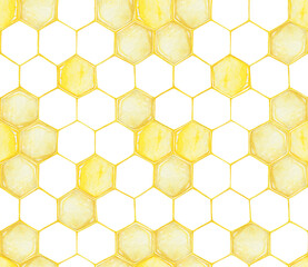 Honeycomb, watercolor seamless pattern, cartoon style, on an isolated background.