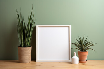 Empty White Photo Frame on Wooden Table with Houseplants on Green Wall Background