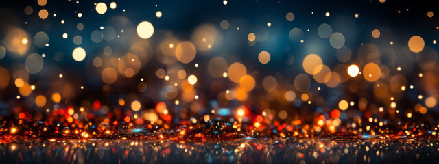 colorful gold and red firework and dark black blue night sky with bokeh lights in the...